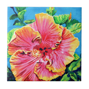 Carreaux en céramique d'Hibiscus Hawaii rose et ja