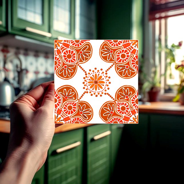 Carreaux en céramique pour cuisine ou bain, design (Orange and white geometric repeating tile for the kitchen.)