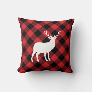 Carreaux Rouges et Cerf Blanc Coussin de Fêtes