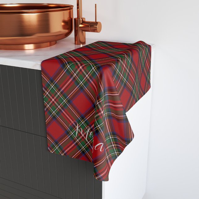 Carreaux Rouges et Verts Tartan Classique Rustique (Rustic Plaid Script Typography Stewart Tartan Hand Towel)