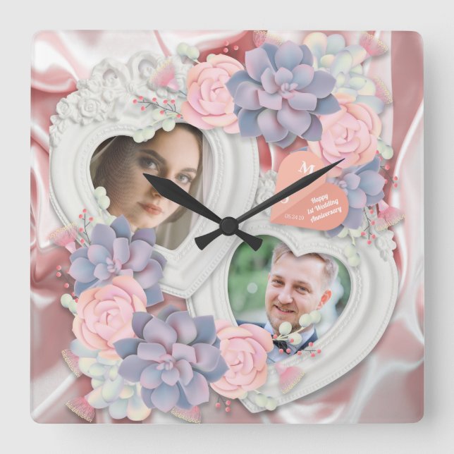 Carrée 1er anniversaire Mariage horloge photo florale Vin (Recto)