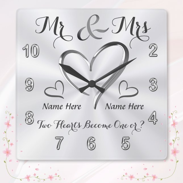 Carrée 2 Cœurs Deviennent Un, Horloge de Mariage Personna (Mr and Mrs wedding clock. Wedding shower gifts. Personalized wedding gifts for bride and groom. )