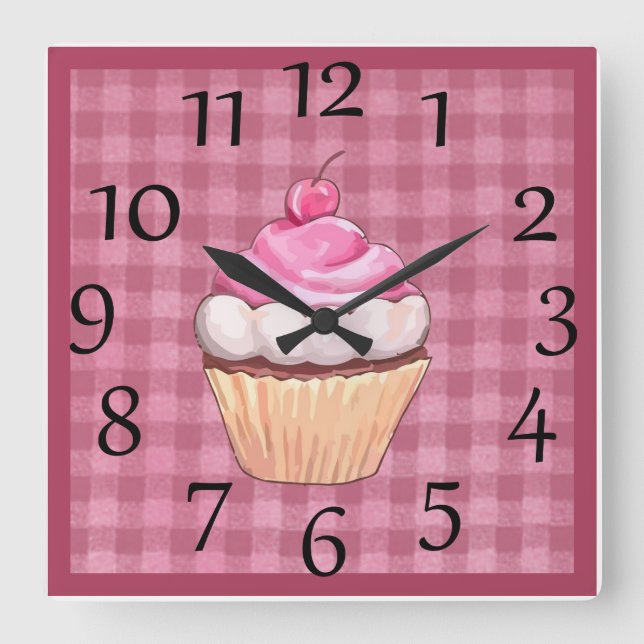 Carrée Adorable horloge rose En vichy Cupcake Mur (Recto)