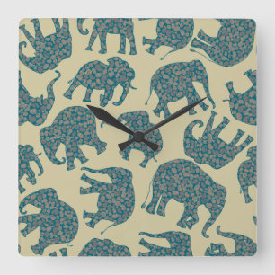 Carrée Amusants Eléphants Paisley sur Mur Beige Horloge