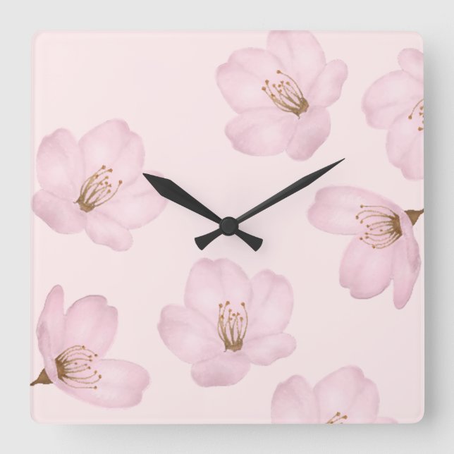 Carrée Aquarelle Clair rose cerisier Blossom Horloge mura (Recto)