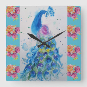 Carrée Aquarelle Peacock Blue Bird Aqua Rose Horloge