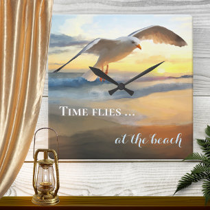 Carrée Aquarelle Seagull Beach Sunset Wall Horloge
