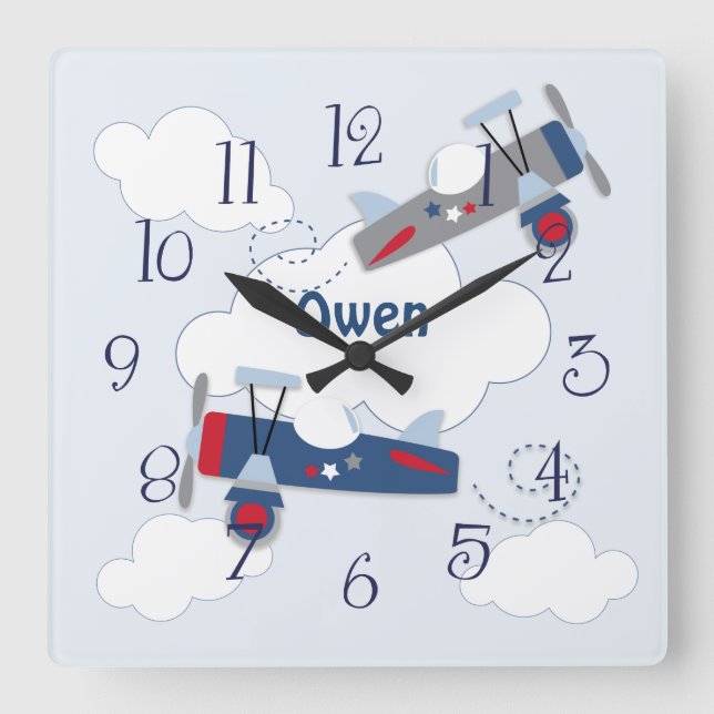 Carrée Avion Volant Aventure bébé Garçon Horloge (Recto)