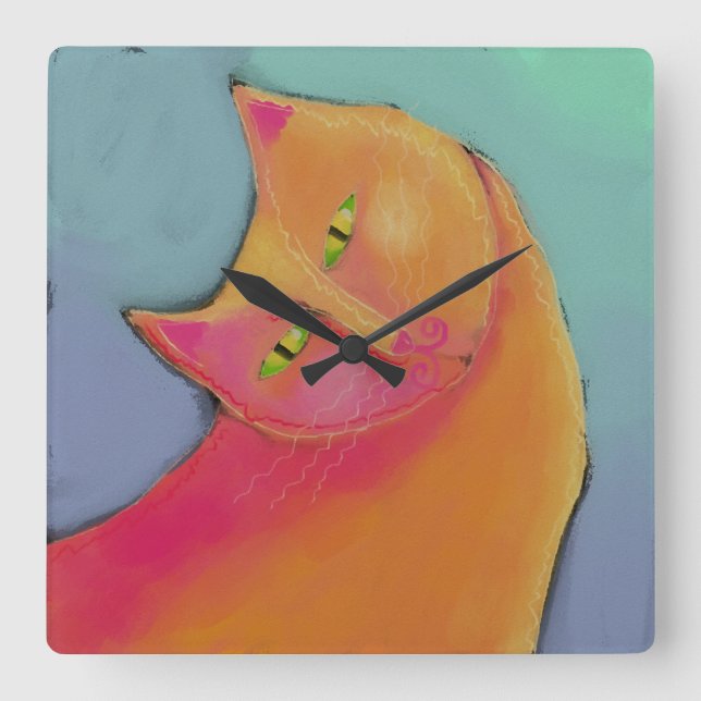 Carrée Belle Chat Orange Abstrait Art Horloge ronde (Recto)
