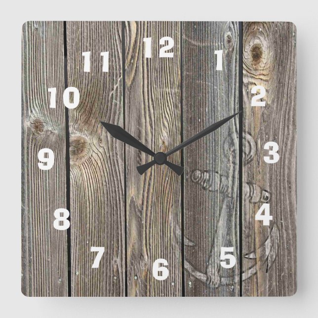 Carrée Belle horloge en bois ancien avec ancre blanche (Recto)