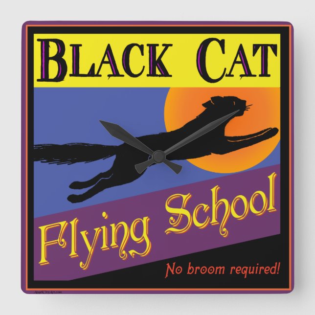 Carrée Black Cat Flying School Horloge d'Halloween (Recto)