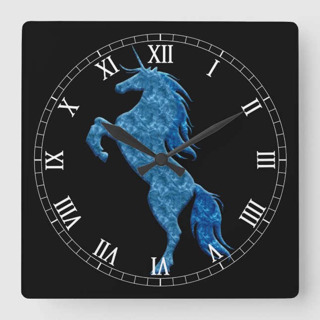 Carrée Bleu feu Unicorne Romain numérique Horloge (Recto)