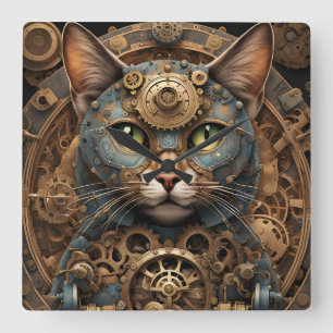 Carrée bleu steampunk chat AI art Carré Mur Horloge