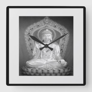 Carrée Bouddha - Horloge Mur Noir Et Blanc
