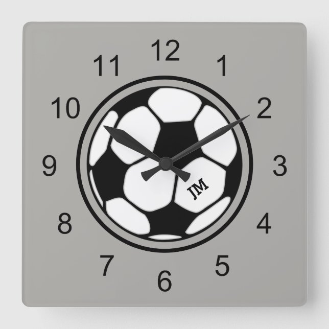 Carrée Boule De Football Horloge Mur Noir Et Gris (Recto)