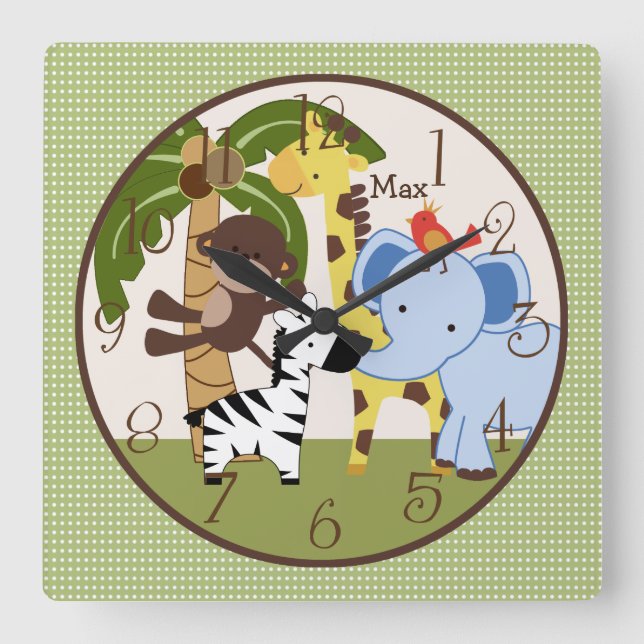 Carrée Cadeaux de jungle personnalisés Animaux Horloge de (Recto)