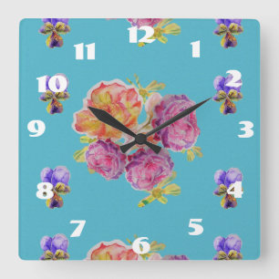 Carrée Cadre Horloge Chambre Femme Fleurs Roses Salle de