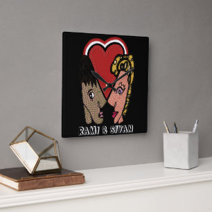 Carrée Carré Pop Art Couple Horloge avec des noms personn