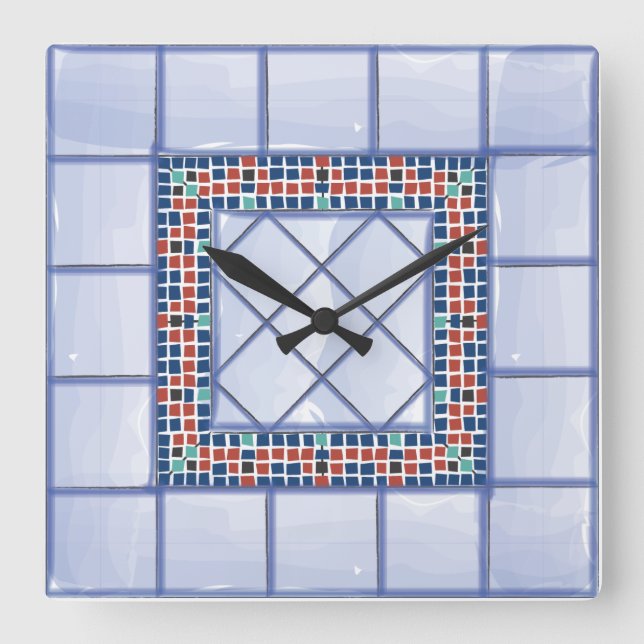 Carrée Carrelage bleu et horloge en mosaïque (Recto)