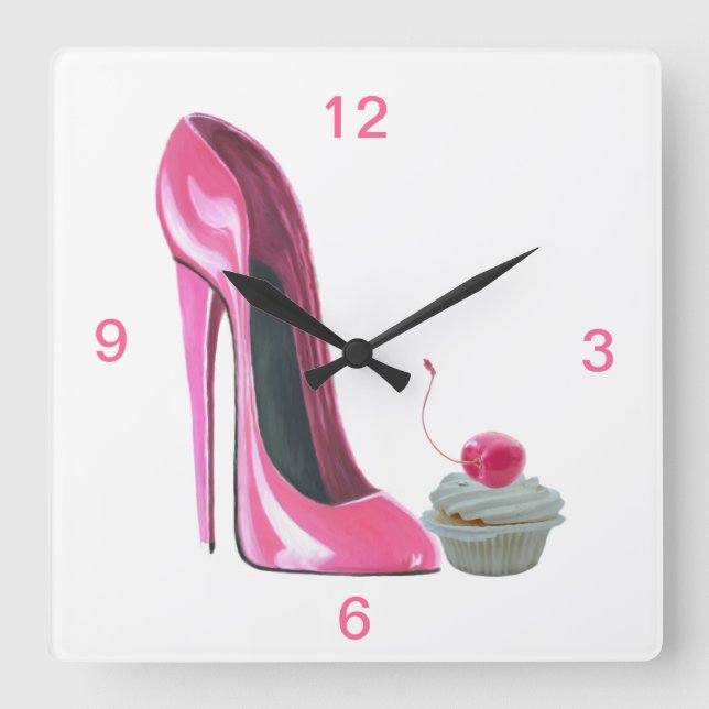Carrée Chaussure Stiletto Rose et cerise Cupcake Horloge  (Recto)