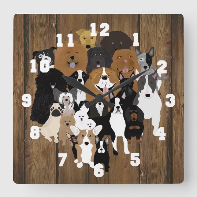 Carrée Chiens, Chat, Mur de poulet Horloge (Recto)
