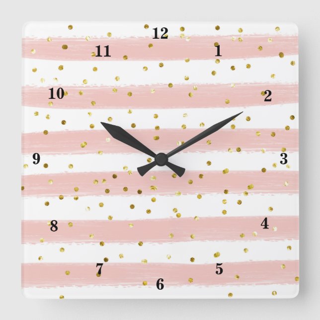 Carrée Clou moderne, Blanc, Grilles, Horloge Confetti Or (Recto)