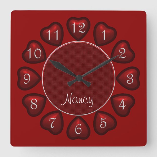 Carrée Coeurs gonflés Horloge Carré rouge (Recto)