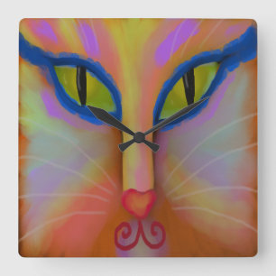 Carrée Colorée Abstrait Chat peinture visage Horloge rond