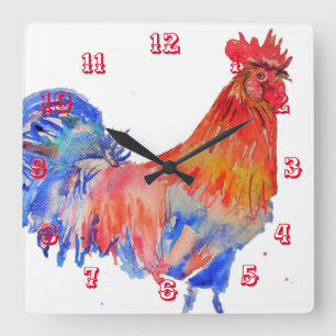Carrée Coq Aquarelle Poulet Enfants Horloge de la chambre