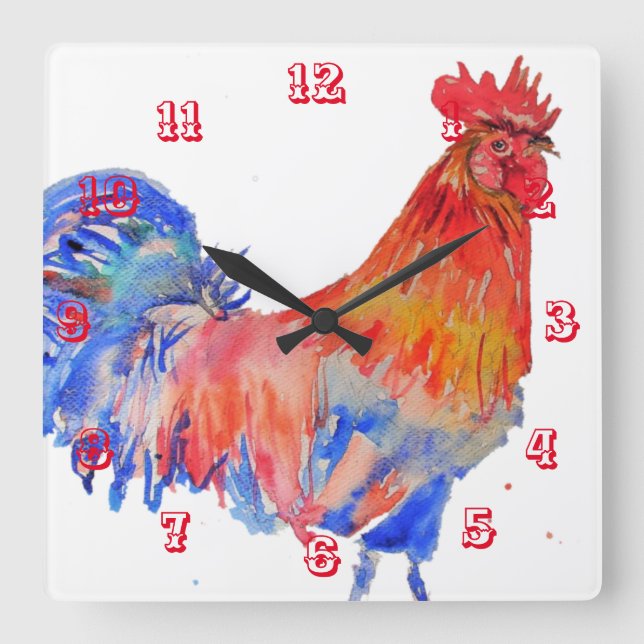 Carrée Coq Aquarelle Poulet Enfants Horloge de la chambre (Recto)