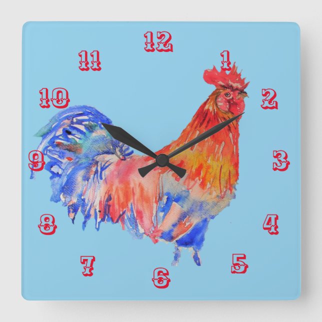 Carrée Coq Aquarelle Poulet Enfants Horloge de la chambre (Recto)