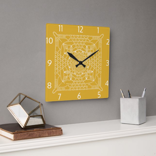 Carrée Crochet jaune moutarde Graphique Carré Horloge mur (Bureau)