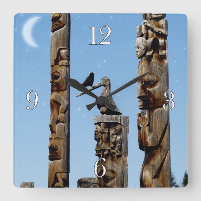 Carrée Crow & Totem Poles Native American Art Horloge (Recto)
