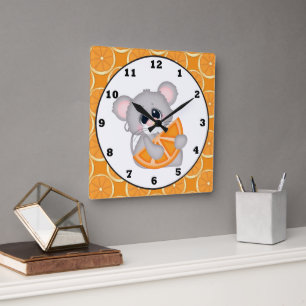 Carrée Cuisine orange tranche souris souris horloge mural