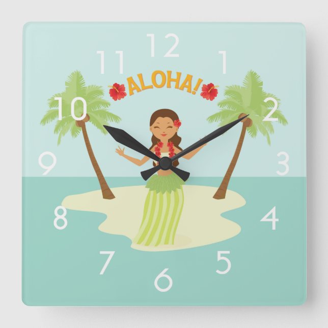 Carrée Cute Hawaiian Hula Girl Luau Horloge avec des chif (Recto)