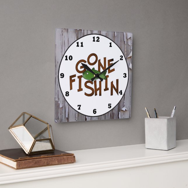 Carrée Cute Pêche cabine mot art poisson mur horloge (Bureau)