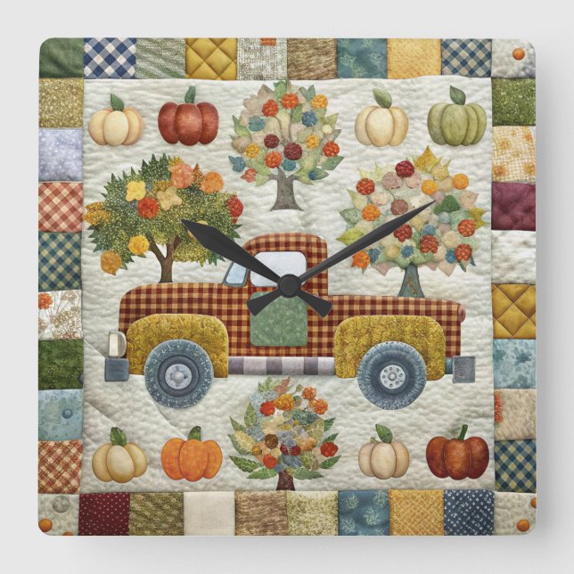 Carrée Cute Rustic Fall Picket Truck Wall Horloge (Recto)