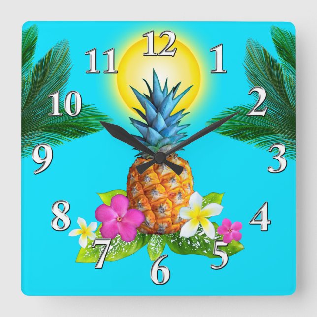 Carrée Décor Hawaiien À Thème, Étonnante Horloge D'Ananas (Recto)