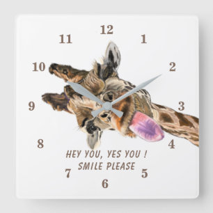 Carrée Drôle horloge Giraffe sourire - texte personnalisé