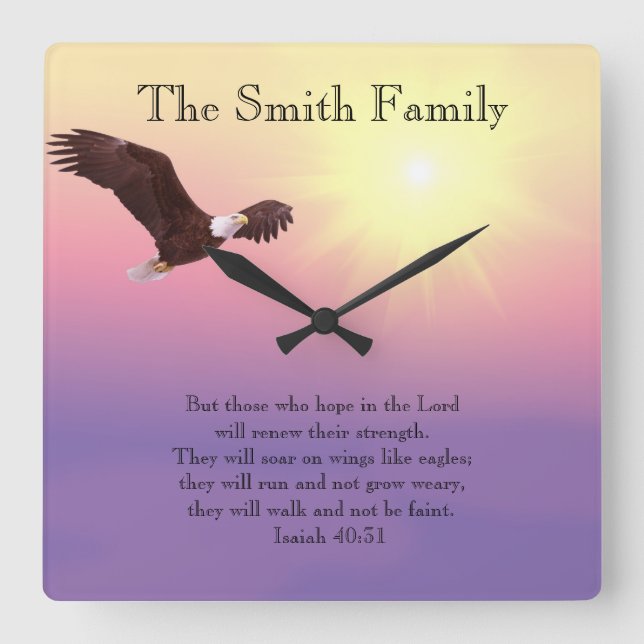 Carrée Eagle Pastel Sky Bright Sun Bible Verse Horloge (Recto)