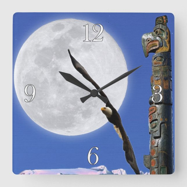 Carrée Eagle, Totem Pole & Moon Imaginaire Horloge (Recto)