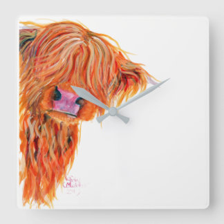 Carrée Ecosse Hairy Highland Cow ' PEEKABOO ' Horloge