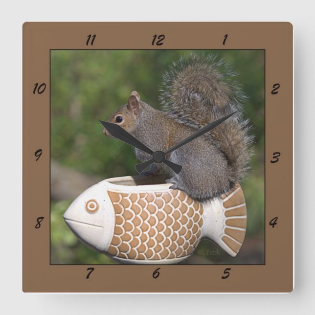 Carrée Écureuil sur des poissons - horloge (Recto)