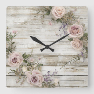 Carrée Élégante horloge de mur de Rose de fleurs rustique