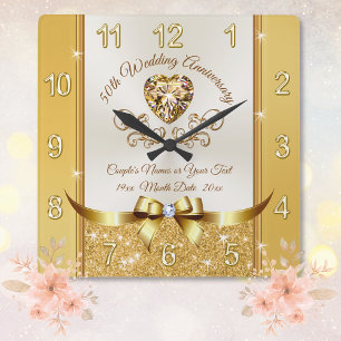 Carrée Étonnante horloge de l'Anniversaire d'or personnal
