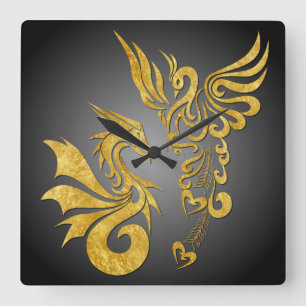 Carrée Feng Shui horloge d'or de Phoenix et de dragon -