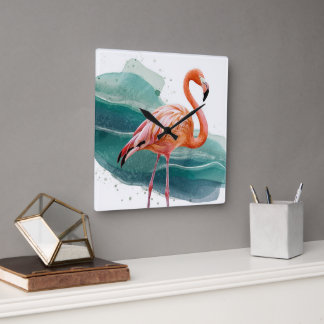 Carrée flamant rose horloge