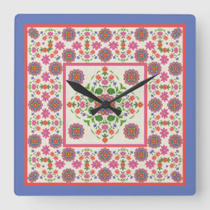 Carrée Flore Rangoli Frontière Motif sur Ecru : Horloge m