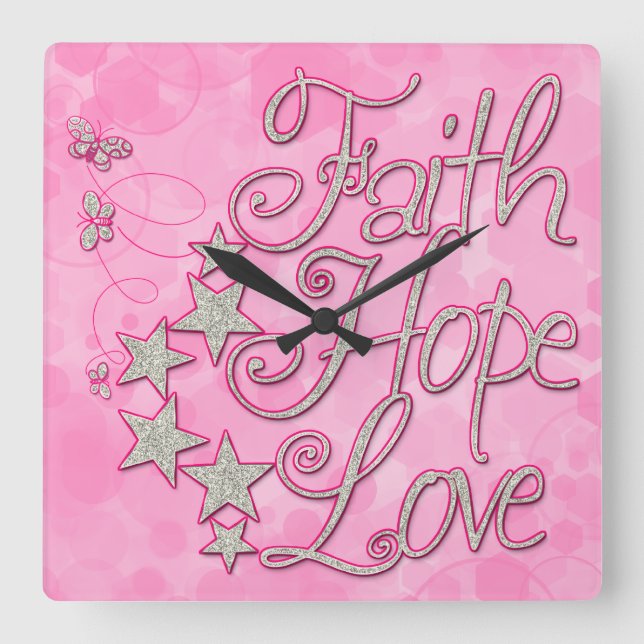 Carrée Foi rose Hope Love Stars Papillons Horloge (Recto)