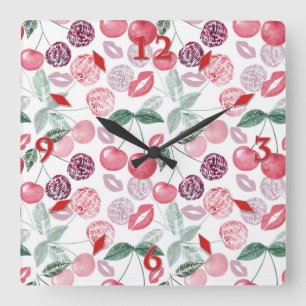 Carrée Fruit de cerise rouge élégant grand horloge